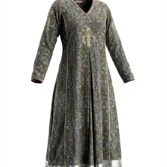 Maison Shefali Hand Block Print Dress - Small - Blue/White/Green Floral - Picture 3 of 11